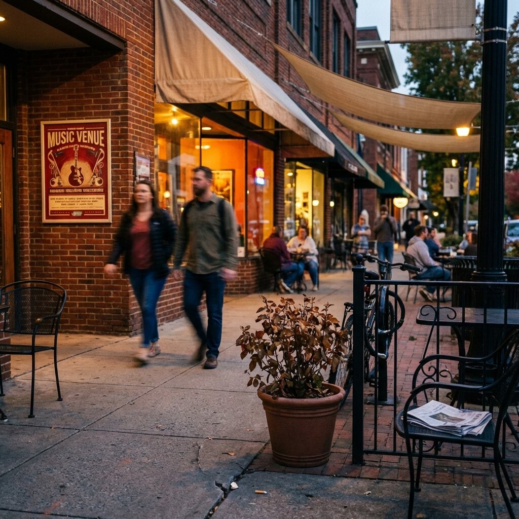 Downtown Asheville street scene with characteristic brick buildings