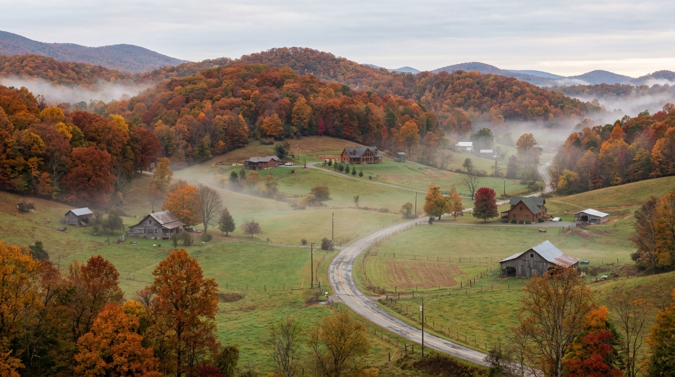 Western North Carolina mountain community with rolling Blue Ridge foothills, homes in the valleys, and autumn colors