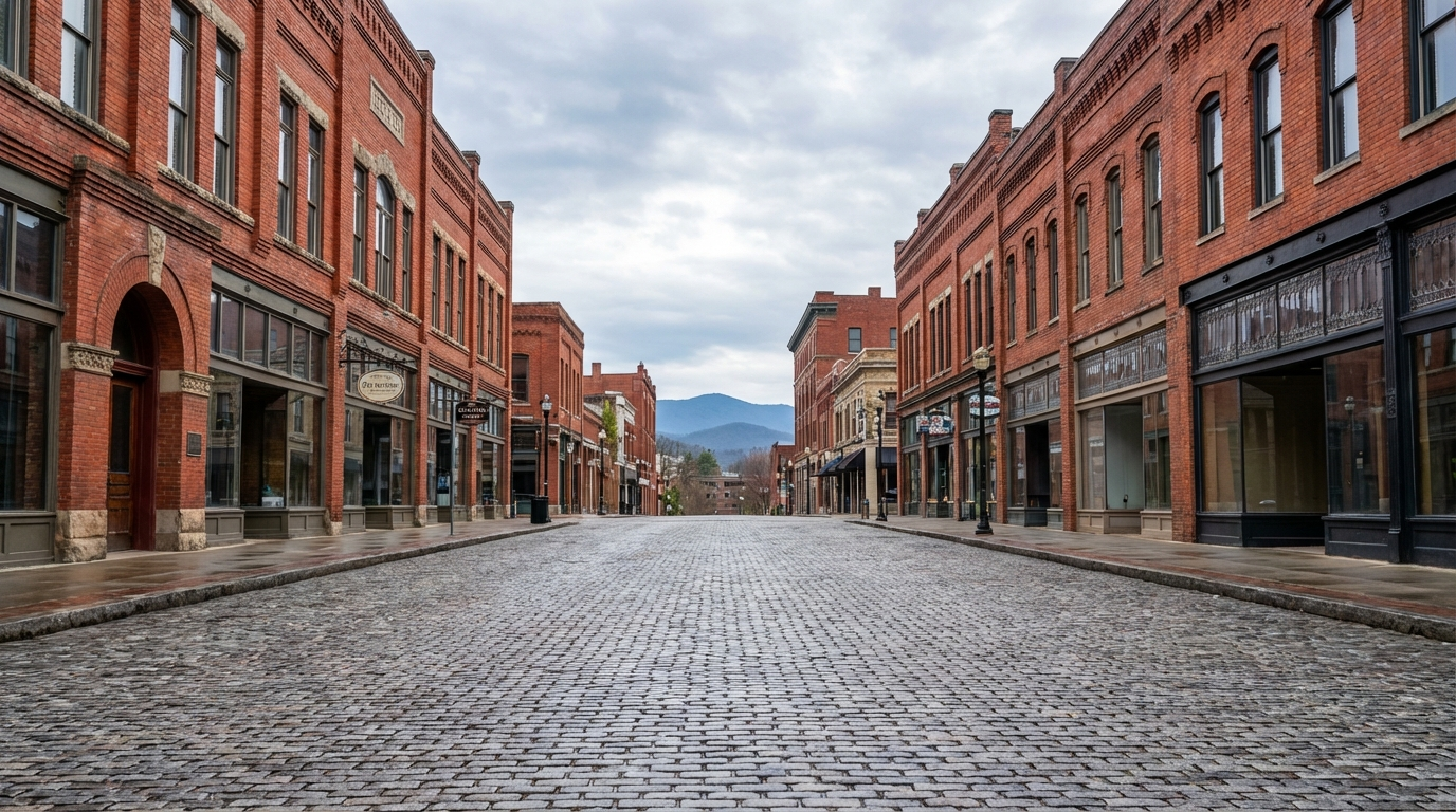 Downtown Asheville street scene with historic brick buildings and Blue Ridge Mountains