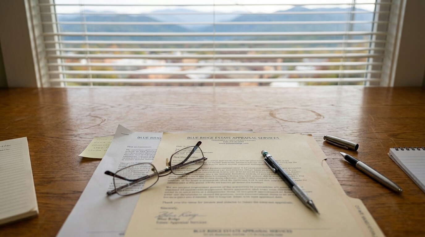 Professional desk with estate appraisal documents and Blue Ridge Mountain view