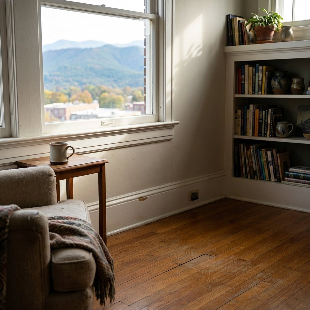 Interior of Asheville craftsman home showing original hardwood floors and built-in details