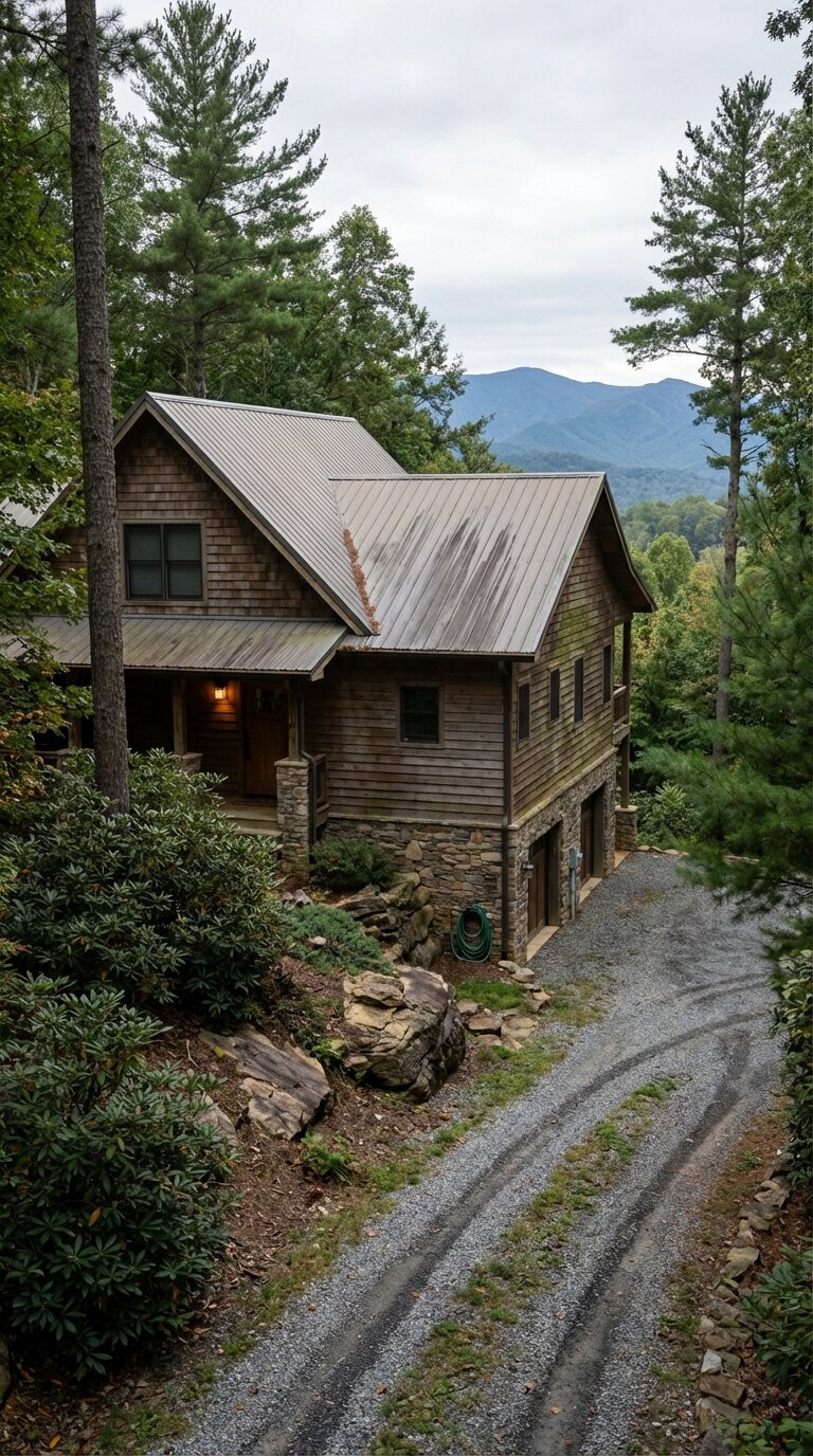 Modern Western North Carolina mountain home with mixed stone and cedar materials